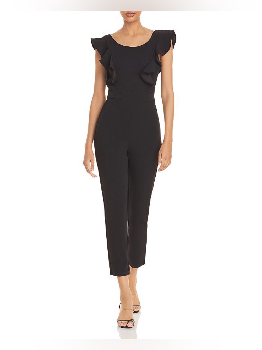 AQUA Bloomingdale’s Black Ruffle Sleeve Cropped Jumpsuit Size XS